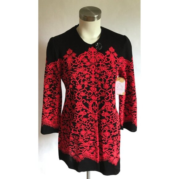 Misook Black & Dark Pink Floreat 3/4 Sleeve Jacket Cardigan, Size XS - Picture 1 of 7